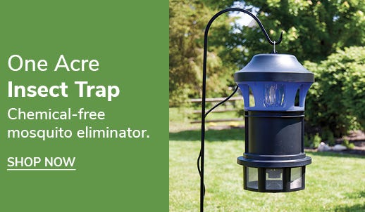 black One Acre Insect Trap on shepherds hook in use in yard - chemical free mosquito eliminator - shop now