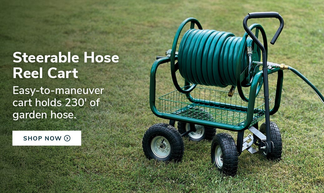 Easy to maneuver cart holds 230 feet of garden hose
