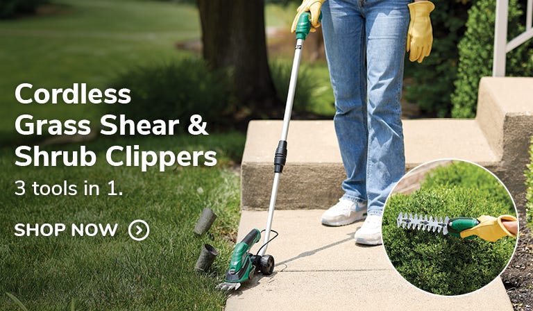 Cordless Grass shear and Shrub Clippers. 3 tools in 1. Shop Now.