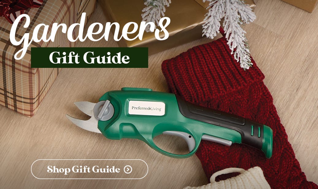 Gardeners gift guide shop now. Photo showing toucan tools cordless power pruner in christmas setting
