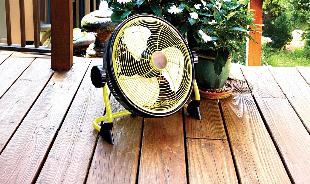 yellow Battery Powered Cordless Outdoor Fan on deck