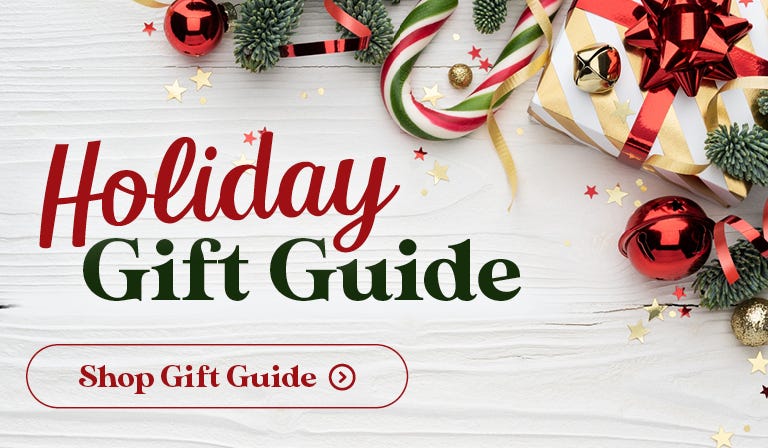 holiday Gift Guide - shop now. photo of candy cane, christmas present and holiday ornaments.