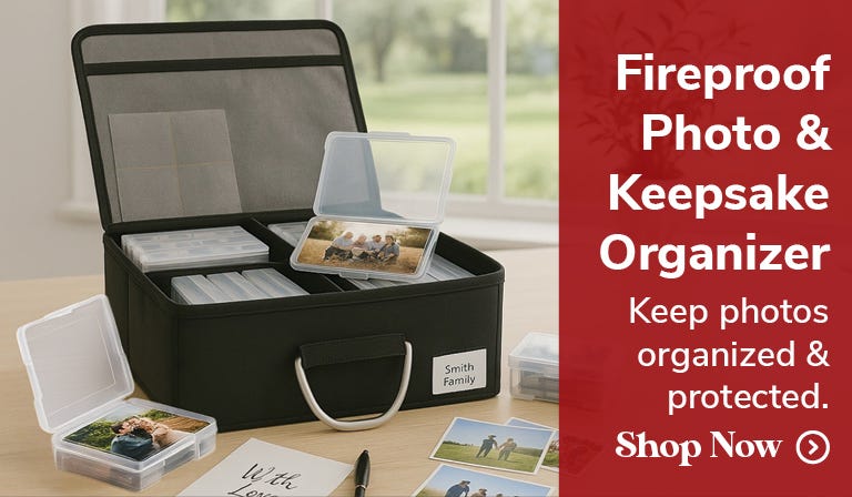fireproof photo and keepsake organizer. keep photos organized and protected. shop now. photo showing organizer.