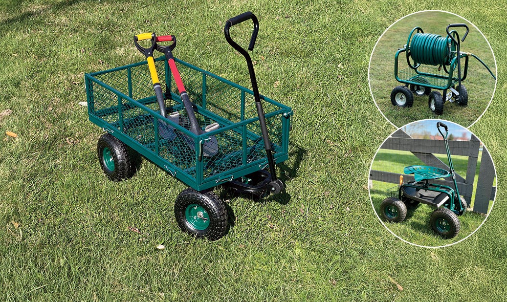 green steel convertible garden cart, green steerable hose reel cart and green garden steerable scoot in yard setting