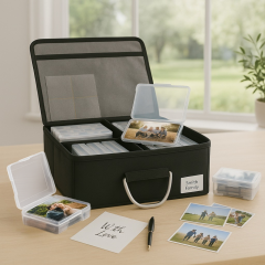 Photo boxes shown in organizer case 