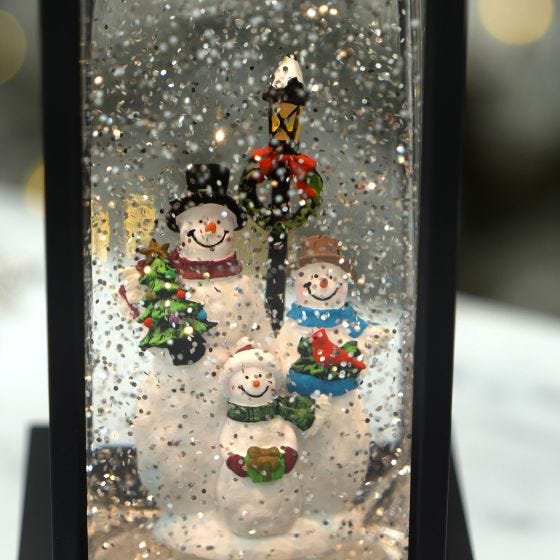 up close view of LED Snowman Lantern 