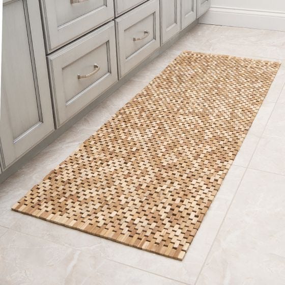 Teak Shower Floor Runner in front of cabinet