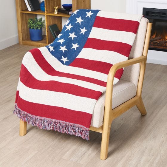 Stars & Stripes Fringe Blanket on chair