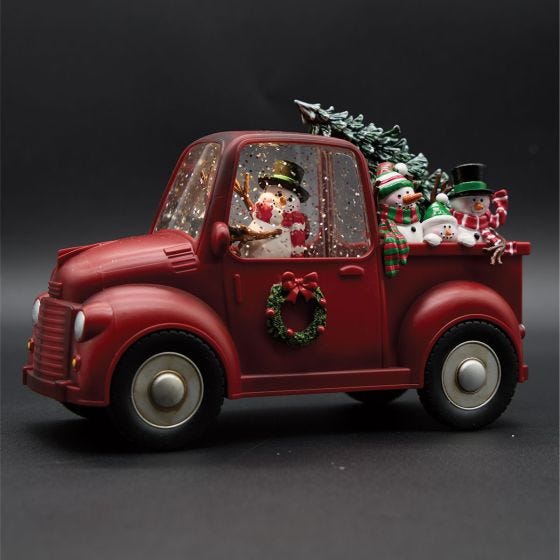 Red Truck Snow Globe lit up 