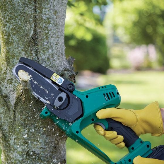 pruner saw cutting tree limbs 