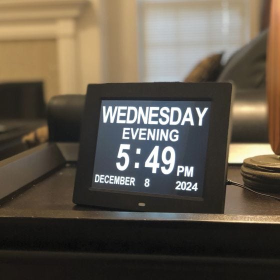 Easy Read Digital Calendar Clock on display on table Easy Read Digital Calendar Clock on display on table