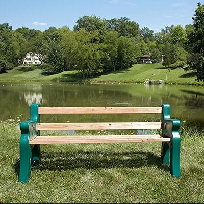 Front view of Park Bench on display by lake