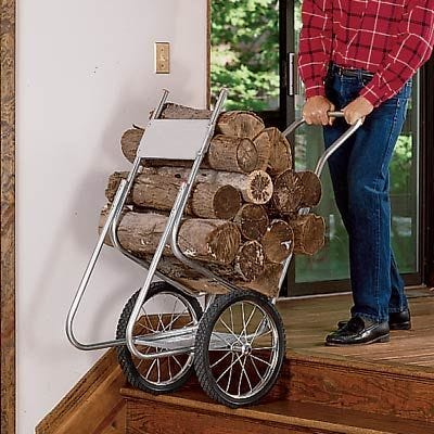 firewood log cart going up steps 