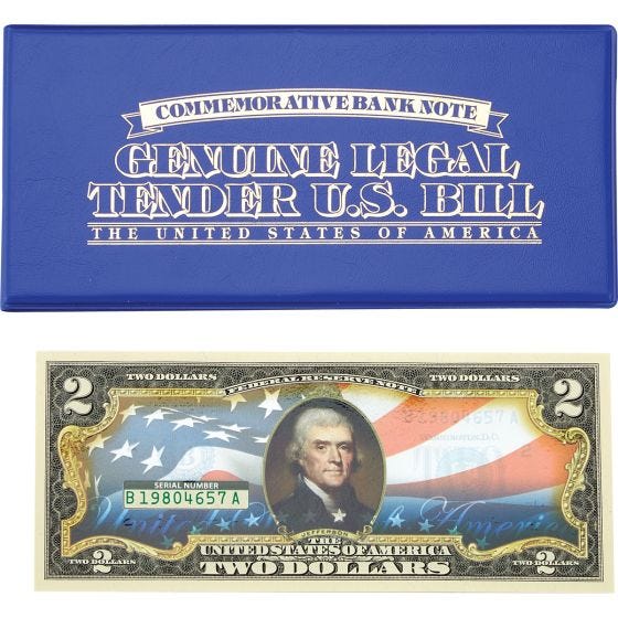United States of America Flag Legal Tender $2 Bill Colorized New USA Design 