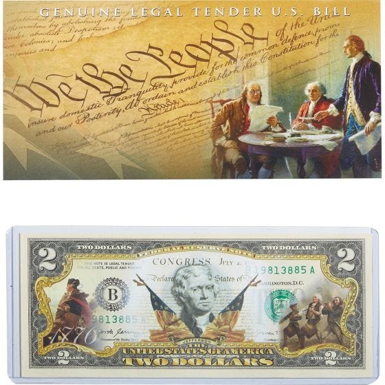 2-Sided * $1 Bill w/COA Declaration of Independence Official Legal Tender U.S 