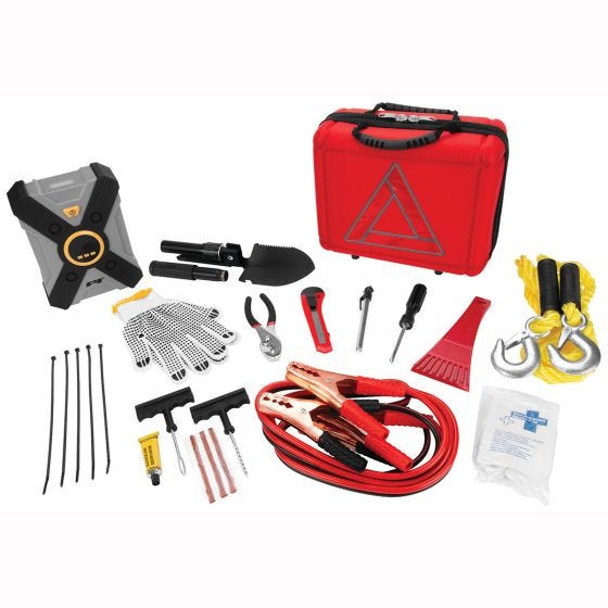 picture of everything in vehicle emergency kit