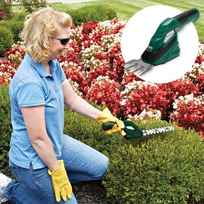Green and Black Cordless Grass & Hedge Trimmer product image on white background