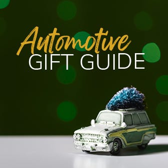 Automotive Gift Guide thumbnail with a model of a Christmas tree strapped to a car.