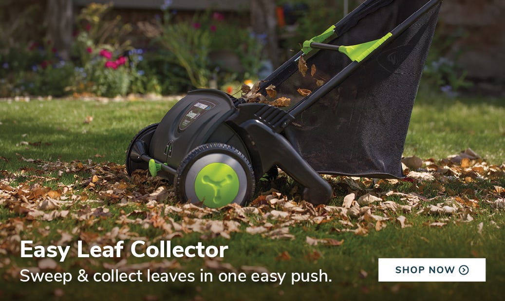 Easy Leaf Collector full of leaves in yard setting. Sweep and collect leaves in one easy push. shop now.