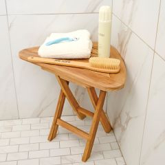 Teak Corner Shower Stool in corner of shower