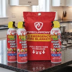 fire blanket and extinguishers in kitchen