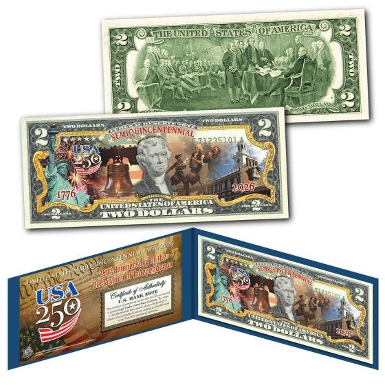 America 250 Liberty & Legacy $2 Bill on white