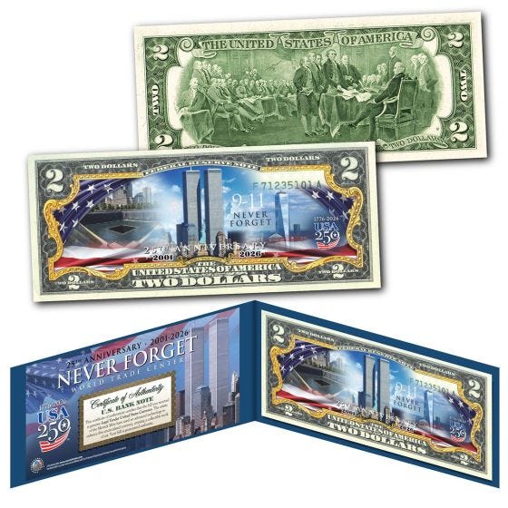 Never Forget America 250th $2 Bill on white