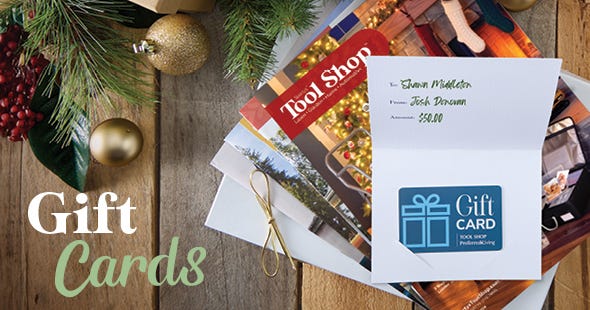 Holiday-themed Gift Cards banner showing gift card and toolshop catalog